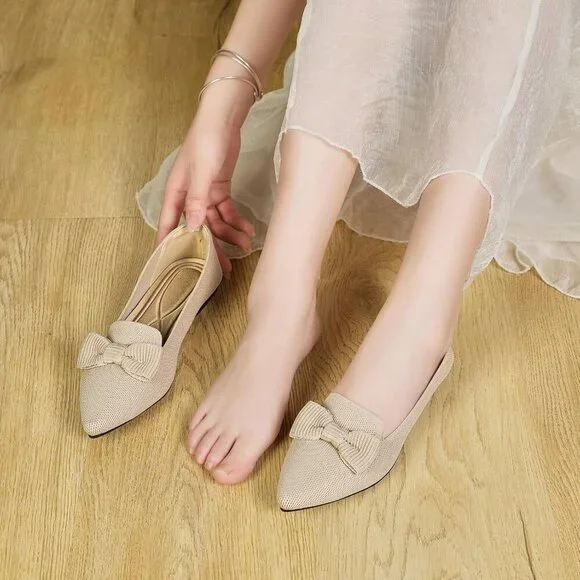 Women Nude Pointed Toe Dressy Comfortable Knit Breathable Mesh Ballet Flats - Picture 5 of 7